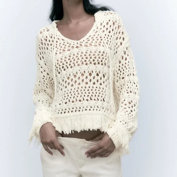 Zara Open Knit Sweater With Fringing Ecru White Size Small - Picture 2 of 8
